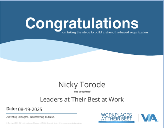 VIA Leaders at Their Best at Work completion certificate