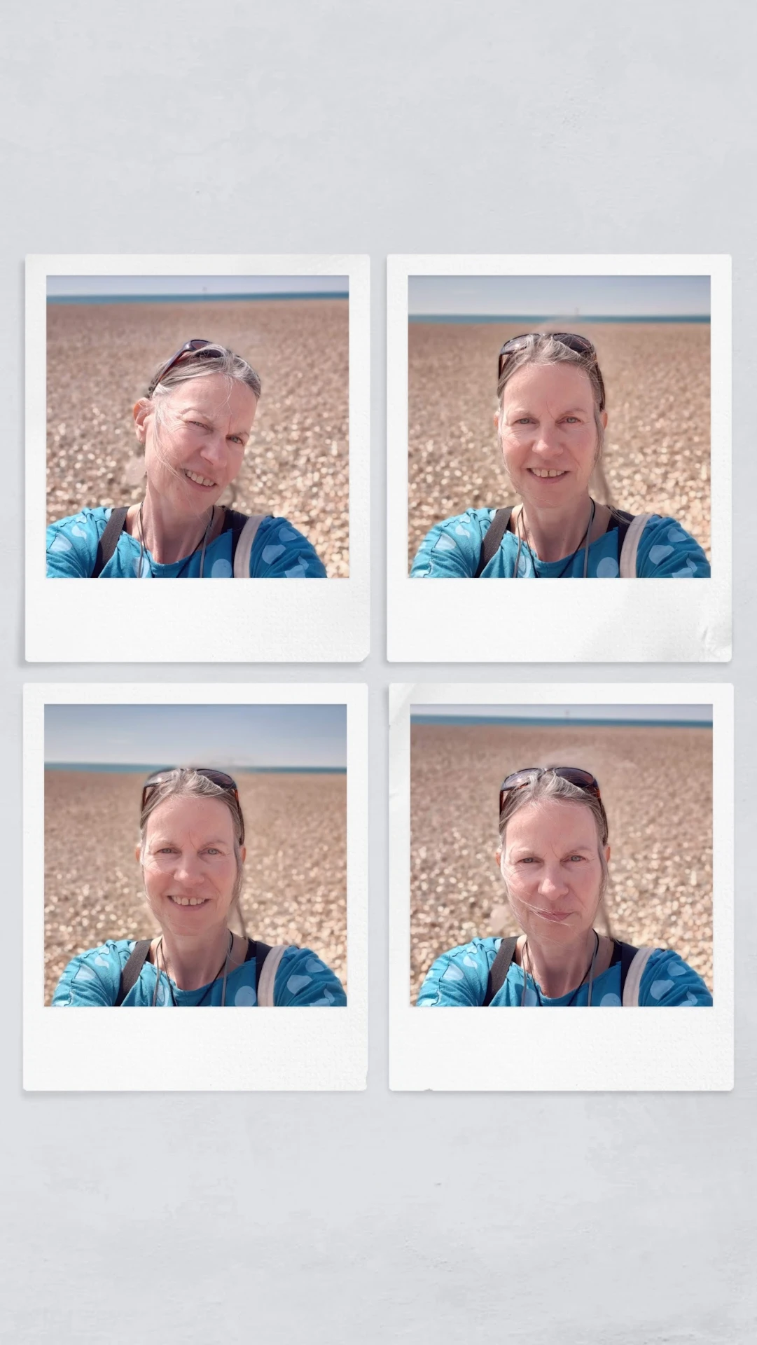 Four instant photographs of Nicky Torode on the beach