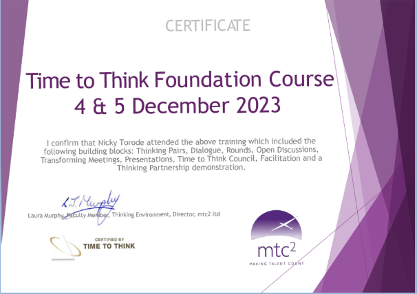 Time to Think Foundation Course certificate, December 2023
